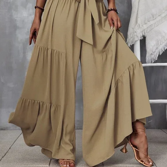 Khaki Boho Shirred Waist Tie Front Ruffle Hem Wide Leg Pants travel summer - Picture 5 of 5